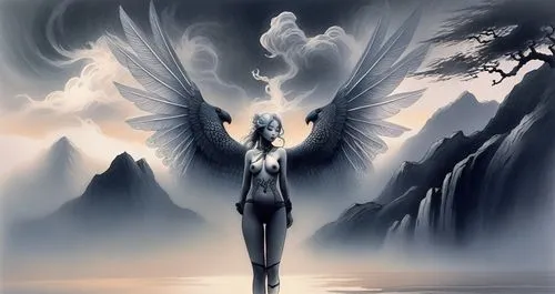 full nude very exotic and misty sky,a woman standing with two wings flying around her,angel wing,angel wings,dark angel,angelology,black angel,seraphim,angel of death,archangels,sylphs,the archangel,f