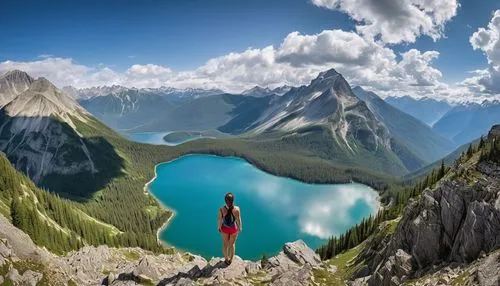 "A woman stands at the edge of a majestic mountain range, looking out over a breathtaking landscape of towering peaks and a serene lake below. The sky is filled with clouds that wrap around the mounta