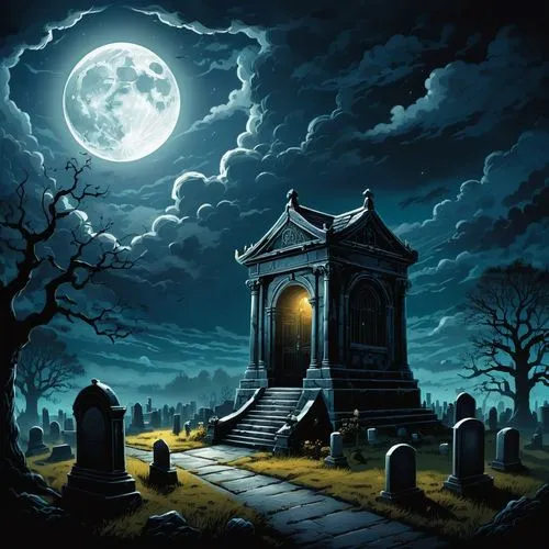 necropolis,halloween background,mortuary,cemetry,graveyards,burial ground,crematory,tombstones,cemetary,old graveyard,graveyard,mausoleum ruins,mausolea,moonsorrow,funerary,fantasy picture,mourners,hall of the fallen,cementerio,sepulcher,Illustration,Realistic Fantasy,Realistic Fantasy 25