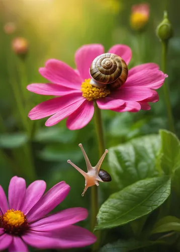 In a peaceful garden, a snail slowly crawls across a vibrant flower petal.,osteospermum,coneflowers,common zinnia,flower background,zinnias,bee,pollination,hover fly,pollinating,coneflower,spider flow