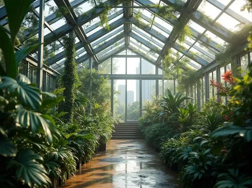 Modern greenhouse, steel framework, sleek lines, silver-gray color, transparent glass panels, lush greenery inside, vines crawling up structure, tropical plants, exotic flowers, soft natural light, mi