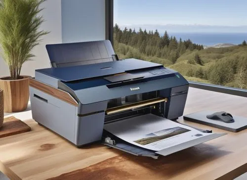 wooden foudation,a printer sits on a desk with a large window view,photocopier,laserwriter,printer,laserjet,printers,photocopiers,Photography,General,Realistic