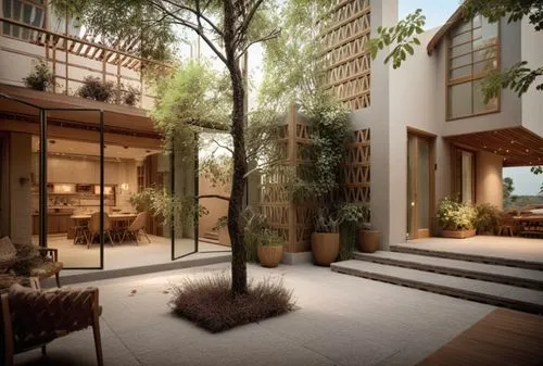 a modern home with a large tree and seating area,landscape design sydney,garden design sydney,3d rendering,bamboo plants,landscape designers sydney,riad,Photography,General,Cinematic