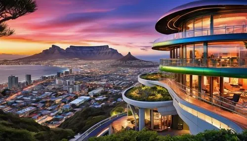 Modern South African architectural design, futuristic skyscraper, Cape Town cityscape, Table Mountain backdrop, bold curved lines, sleek glass facade, steel beams, wooden accents, vibrant colored pane