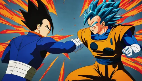 Vegeta challenges Goku to a duel in an intense showdown,dragon ball z,dragon ball,vegeta,fist bump,confrontation,dragonball,duel,sparring,fight,battle,friendly punch,fighting poses,shaking hands,son g