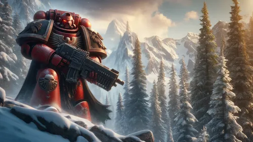 snow-capped mountain peaks. Coniferous trees,deadpool,northrend,winter background,lone warrior,boba fett,shepard,hellboy,cg artwork,father frost,fantasy picture,sentinel,frost,dead pool,hoarfrost,hero