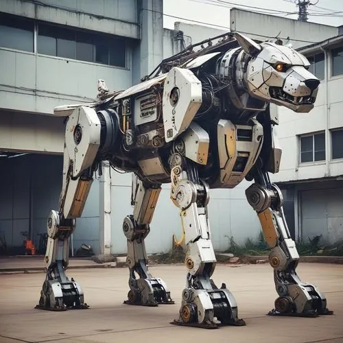 a large machine dog on display at an art fair,armored animal,onager,leonberg,herd protection dog,warhorse,alpha horse