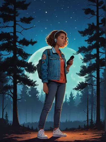 sci fiction illustration,digital illustration,pines,girl with tree,digital painting,kids illustration,stargazing,world digital painting,lunar,moon walk,the girl next to the tree,jean jacket,fireflies,denim jacket,moonlight,digital art,big moon,moonrise,moonlit night,dipper,Photography,Black and white photography,Black and White Photography 05