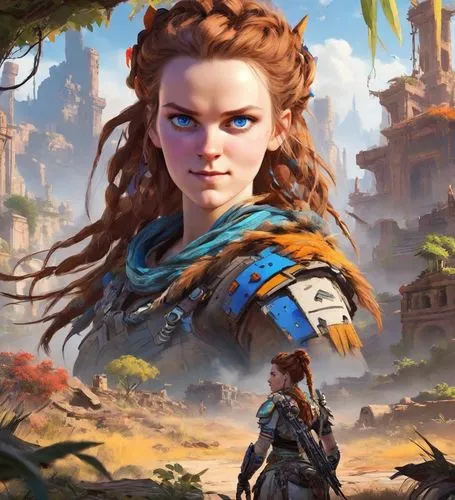 looking lustfully, admiringly, blue eyes, in the style of the computer game Horizon Zero Dawn, Aloy, side view, in the background are post-apocalyptic ruins of the city overgrown with vines and mechan