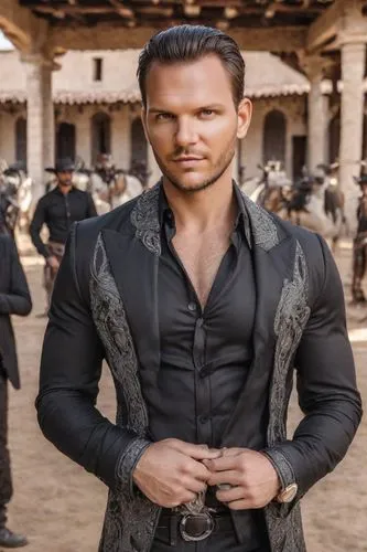 Men on a rich ranch in Jalisco, Mexico. Rich style. Villain vibes, black clothes. ,the man is posing with his hands in his pockets,katraj,aramis,dhritarashtra,moghul,messalla,aramaean,Photography,Real