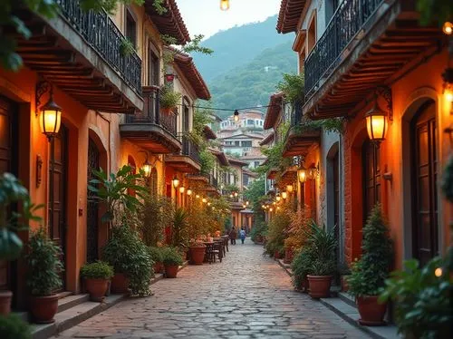 Modern cityscape, integrating traditional vernacular architecture, vibrant colorful buildings, intricately carved wooden doors, ornate balconies with iron railings, terracotta rooftops, narrow cobbles