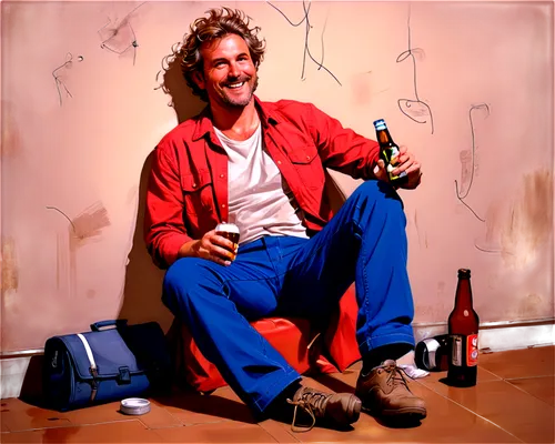 Drunk, middle-aged man, messy hair, red face, sloppy grin, beer bottle in hand, sloppy clothes, stained shirt, unbuttoned pants, sitting on floor, leaning against wall, comedic pose, warm lighting, sh