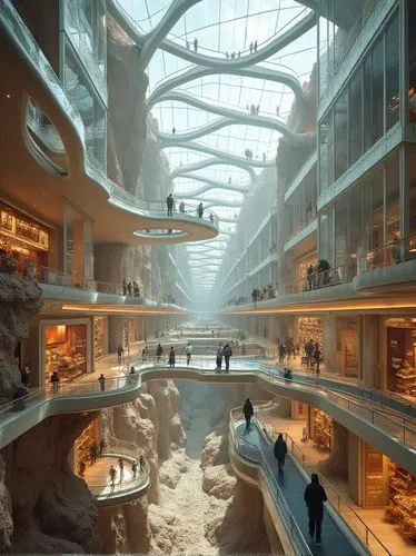 A massive shopping center suspended above a desert canyon, with its glass floors offering views of the rugged landscape below. The building’s transparent walls and skylights allow natural light to flo