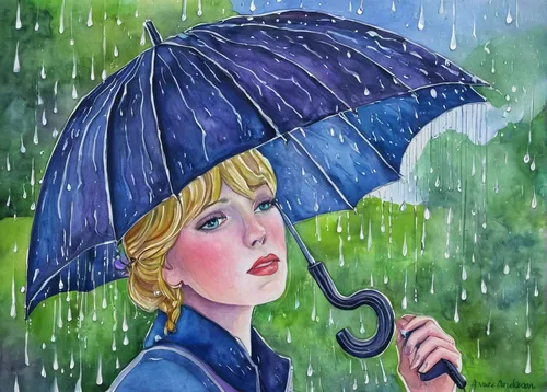 rainy day,walking in the rain,in the rain,umbrella,brolly,rain,rainy season,blue rain,rainstorm,heavy rain,summer umbrella,rains,monsoon,rainy,mary poppins,rainy weather,raindrops,raindrop,rainwater,watercolor painting,Illustration,Retro,Retro 20