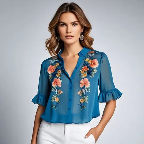 a woman is standing with her hands on her hips,guayabera,blue floral,guayabal,blouse,floral,vintage floral