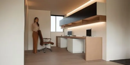 a woman standing next to a desk with a computer monitor,associati,habitaciones,appartement,modern kitchen interior,modern room,modern office,Photography,General,Realistic