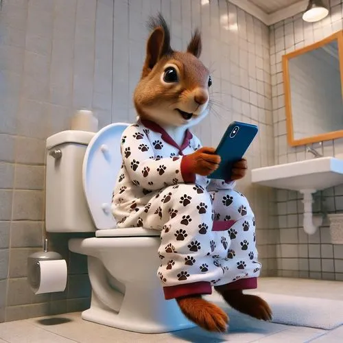 anthropomorphic 3d squirrel sitting on a water closet, wearing pyjamas with paw prints, going for a poop, and reading and iphone, background bathroom,squirell,alvin,relaxed squirrel,peter rabbit,photo