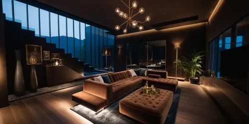 modern villa living room, minimalist, dark, larg window, reflective, pool out saite, high resolution, high quality, hd, post pro,the living room is lit up at night,interior modern design,minotti,luxur