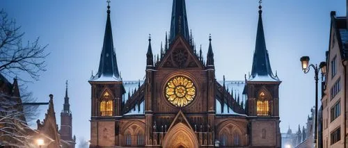 Northern architectural symbol, intricate stone carvings, Nordic cultural elements, grandiose iron gates, majestic cathedral-like structure, stained glass windows, towering spires, snow-covered rooftop