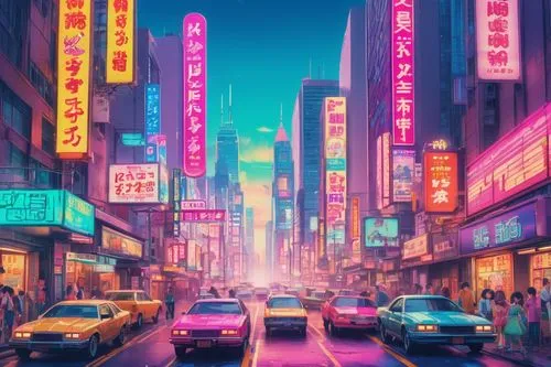 colorful city,tokyo city,shanghai,tokyo,taipei,kowloon,chinatown,shinjuku,hong kong,hk,fantasy city,cityscape,retro background,hong,neon arrows,china town,tokyo ¡¡,evening city,cyberpunk,osaka,Illustration,Japanese style,Japanese Style 02