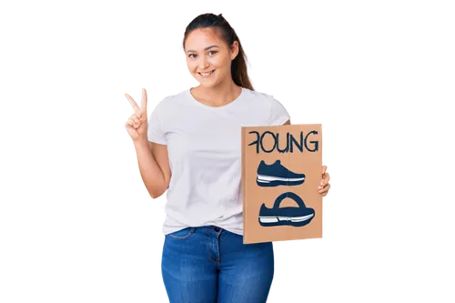 Holding PNG sign, young girl, ponytail, white shirt, blue jeans, sneakers, standing, smiling, casual, natural light, 3/4 composition, soft focus, pastel color tone.,drop shipping,trampolining--equipme