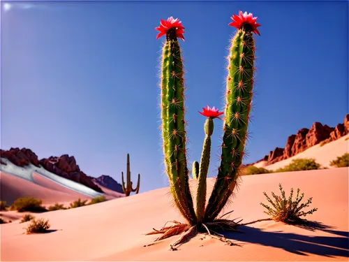 Prickly cactus, desert landscape, solo, tall stem, green skin, sharp spines, blooming flowers, sandy dunes, clear blue sky, warm sunlight, low angle shot, 3/4 composition, shallow depth of field, vibr