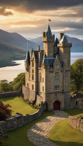 Historic Scottish castle, grand hall, ornate stone walls, stained glass windows, medieval-style furnishings, intricate Celtic knotwork patterns, majestic wooden doors, torches, suits of armor, tartan 