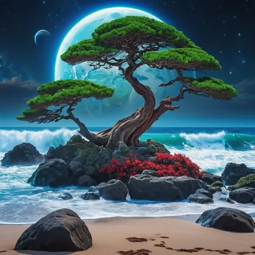 other planet seashore with large crashing waves, large rocks,  space scene in sky, night time. hues of blue, red  and green. there is also a bonsai tree on the beach. ,an artfully colored painting of 