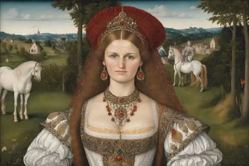 portrait of a noble woman, painting <class> Lucas Cranach the Elder “Judith” | on the head is a richly decorated and large wide-brimmed, horizontally asymmetrical red-brown headdress with slits and wh