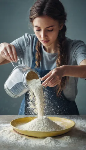 Young woman pouring water into flour stock photo,all-purpose flour,flour scoop,knead,semolina,flour production,flour,plain flour,confectioner sugar,whole-wheat flour,wheat flour,rice flour,girl in the