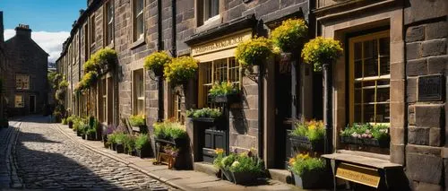 Traditional Scottish Bakehouse, Edinburgh, Scotland, rustic stone exterior, wooden sign with golden lettering, flower-filled window boxes, lantern-style streetlights, cobblestone pavement, narrow alle