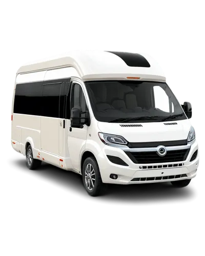 Class B motorhome, solo, white body, sleek design, curved lines, large windshield, panoramic roof window, side mirrors, alloy wheels, chrome exhaust pipe, sliding side door, steps leading up, interior