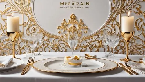 cream and gold foil,place setting,gold foil and cream,gold foil shapes,tablescape,fine dining restaurant,marzipan,table setting,gold foil corner,gold foil art,chinaware,tableware,flatware,gold foil,blossom gold foil,damask background,mediterranean cuisine,table arrangement,dinnerware set,gold wall,Conceptual Art,Fantasy,Fantasy 24