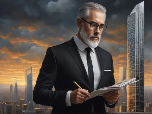 Joseph Dirand, mature male, bearded, glasses, formal wear, black suit, white shirt, black tie, architect, standing, holding blueprint, pencil in hand, urban skyscraper, modern design, steel frame, gla