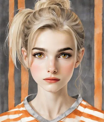 clementine,portrait background,girl portrait,portrait of a girl,illustrator,natural cosmetic,fantasy portrait,doll's facial features,digital painting,edit icon,girl drawing,digital art,artist portrait,world digital painting,orange,striped background,custom portrait,vector girl,orange color,painter doll,Digital Art,Watercolor