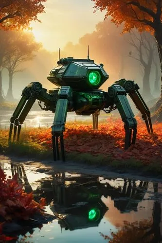 mech,autumn,spider mech,orange leaves,reflection,Photography,General,Fantasy