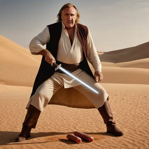 Gérard Depardieu déguisé en Jedi avec un sabre avec une lame saucisson laser,obi-wan kenobi,sand timer,slow cooked,starwars,luke skywalker,jedi,star wars,admer dune,chef,sand,sand wedge,sw,beef rydber