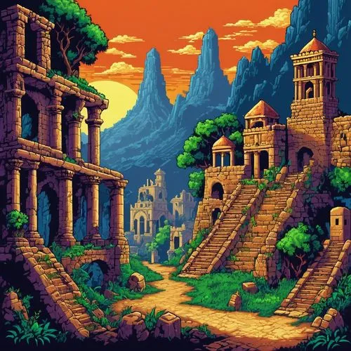 ancient city,fantasy landscape,meteora,pixel art,fantasy city,3d fantasy,mountain world,cartoon video game background,ruins,citadel,mountain settlement,bird kingdom,fantasy world,ancient buildings,knight's castle,castle ruins,valley,ruin,mountain village,chasm,Unique,Pixel,Pixel 05