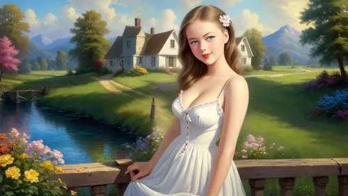 Romantic masterpiece oil painting, cute girl portrait, nostalgic 1950's style kitsch, beautiful rural American landscape, midwestern American scenery, by Thomas Kinkade, by Bob Ross, high res,margaira