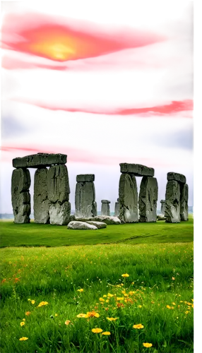 Summer solstice, sunset scenery, warm orange light, long shadows, stonehenge-like ancient ruins, misty atmosphere, lush green grass, blooming wildflowers, dramatic cloudy sky, panoramic view, cinemati