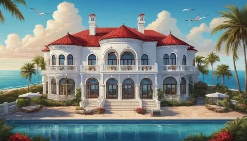 holiday villa,pool house,tropical house,dreamhouse,beach house,house by the water,mansion,house of the sea,seaside resort,luxury property,villa,mansions,florida home,luxury home,beachfront,private house,bahamonde,paradisus,tropical island,beachhouse,Illustration,Realistic Fantasy,Realistic Fantasy 25