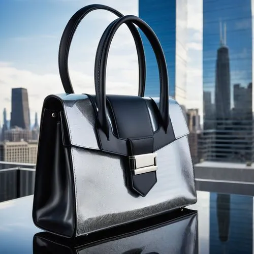 Modern architectural bag, sleek lines, geometric shape, silver metal buckle, black leather material, smooth texture, structured design, cityscape background, skyscraper reflection, urban atmosphere, 3