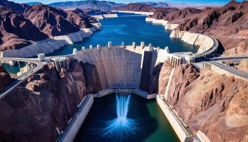 Hoover Dam, grand, majestic, Art Deco style, massive concrete structure, towering intake towers, curved spillway, arched bridge, Colorado River, Lake Mead, Arizona-Nevada border, sunny day, blue sky, 