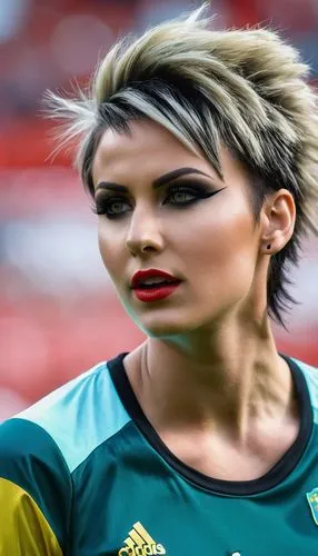 A stunning football girl in short raveblack disheveled hairdo as model with a stunning hot tricot some football make-up performing on a music video,banyana,westhuizen,south african,rossouw,fishlock,du