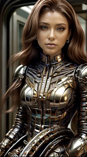 artificial hair integrations,female warrior,breastplate,sprint woman,chrome steel,metallic,digital compositing,warrior woman,female hollywood actress,image manipulation,cybernetics,biomechanical,metal