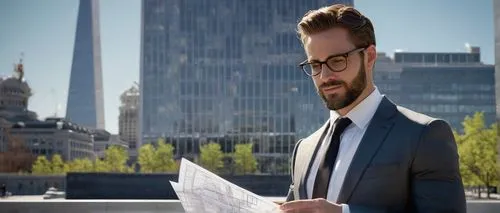 Professional male architect, 30s, stylish glasses, short brown hair, beard, white shirt, black tie, dark grey suit, holding blueprints, standing, Washington D.C., modern skyscraper, glass and steel st