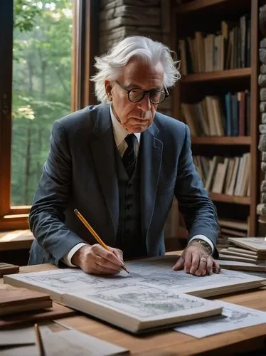 Inspirational quote, Frank Lloyd Wright, American architect, solo, (60yo), glasses, white hair, suit, tie, holding a pencil, standing in front of a drafting table, blueprints scattered around, natural