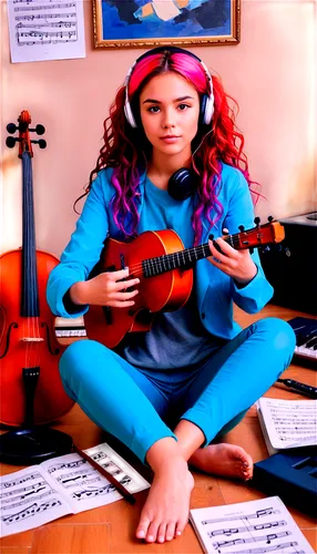 Curious girl, headphones, music notes, vibrant hair colors, colorful clothes, dreamy eyes, sitting on floor, surrounded by music instruments, guitar, violin, drum set, microphone, music sheets, warm l