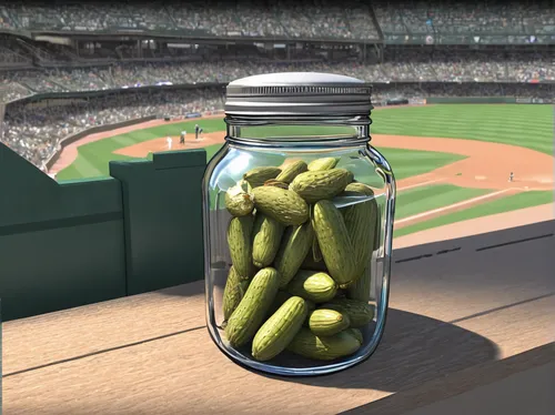 Write a suspenseful scene where a pickle jar in the dugout turns out to be a cleverly disguised secret communication device for the MLB team.,pickled cucumbers,ballpark,pickles,snake pickle,pickled cu