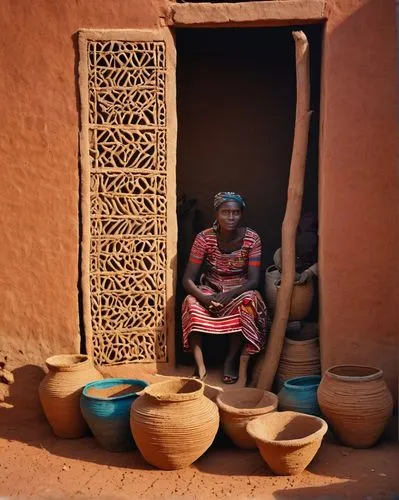 Sudano-Sahelian style, Kere architecture, Burkina Faso, mud brick, adobe structure, rounded edges, intricate carvings, wooden doors, vibrant colored textiles, African patterns, sunny day, blue sky wit